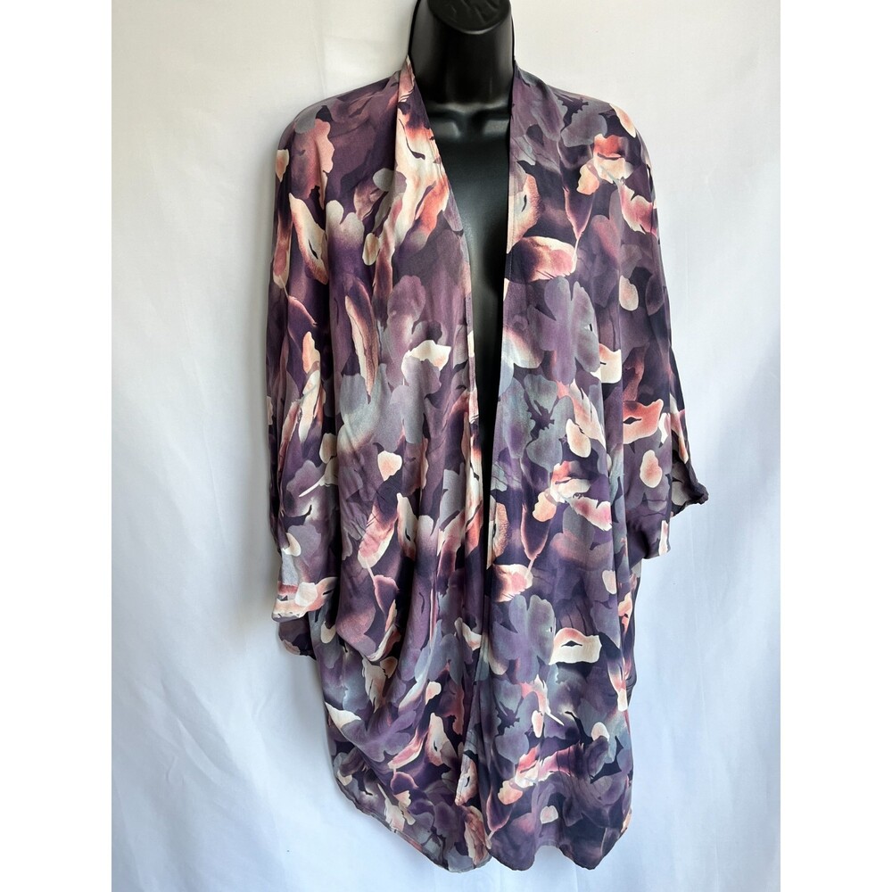 Insight Open Front Kimono Longline Swim Cover US 4 OSFA Abstract Floral Purple
